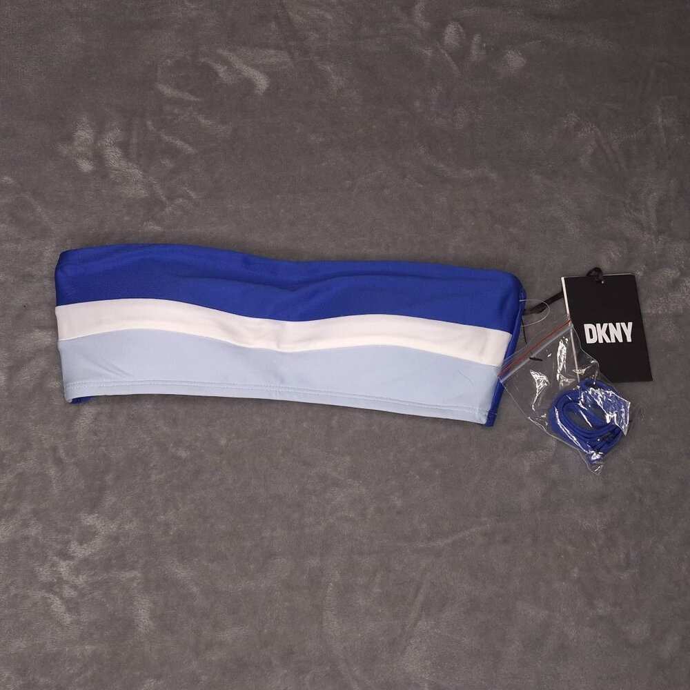 DKNY Womens Strapless Colorblock Bandeau Bikini Top XS Blue/White UV Protection